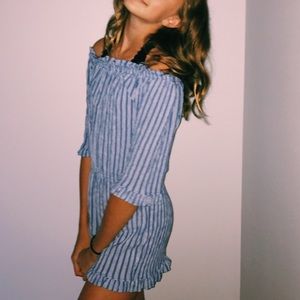 blue and white striped off the shoulder romper